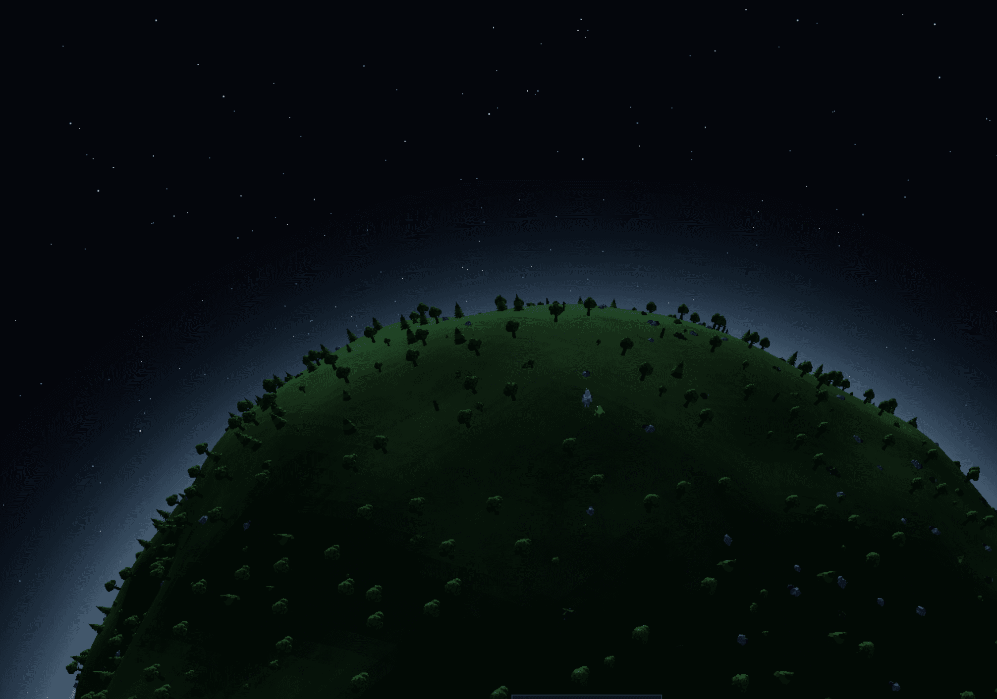 A low-poly grassy planet with trees and a lone figure under a starry sky